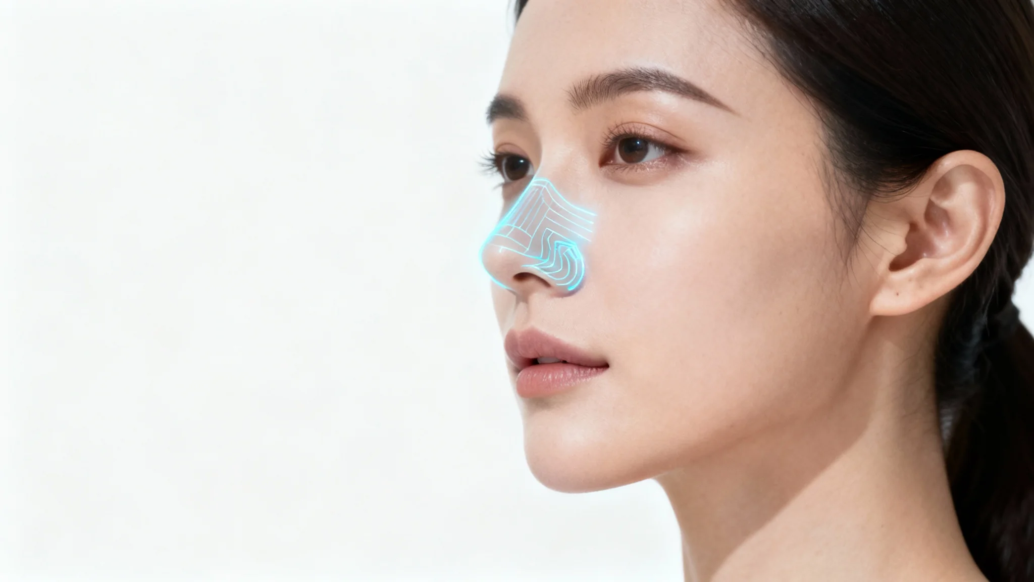 A woman's face in profile with glowing blue digital lines over her nose, simulating the potential result of cosmetic surgery.