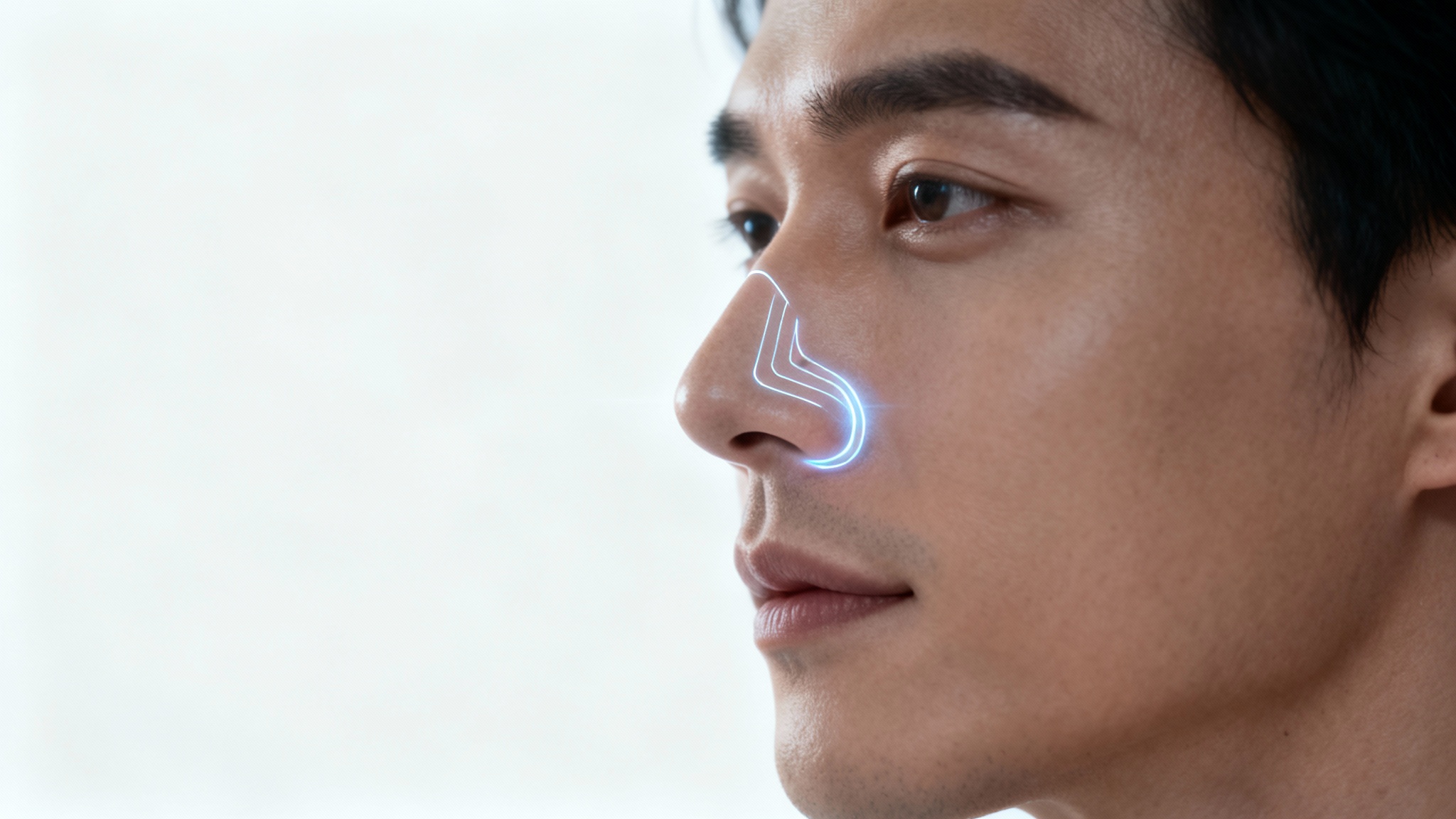 A close-up photorealistic image of a person's face with glowing digital lines overlaid on their nose, illustrating the simulated results of a nose job.