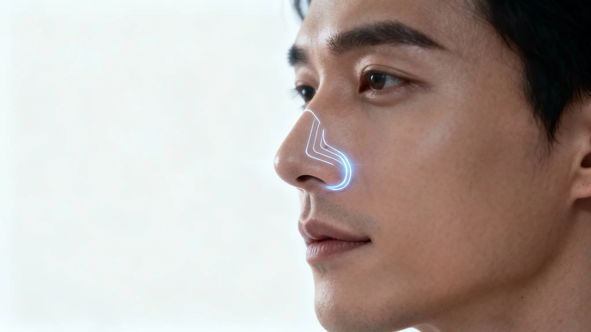 A close-up photorealistic image of a person's face with glowing digital lines overlaid on their nose, illustrating the simulated results of a nose job.