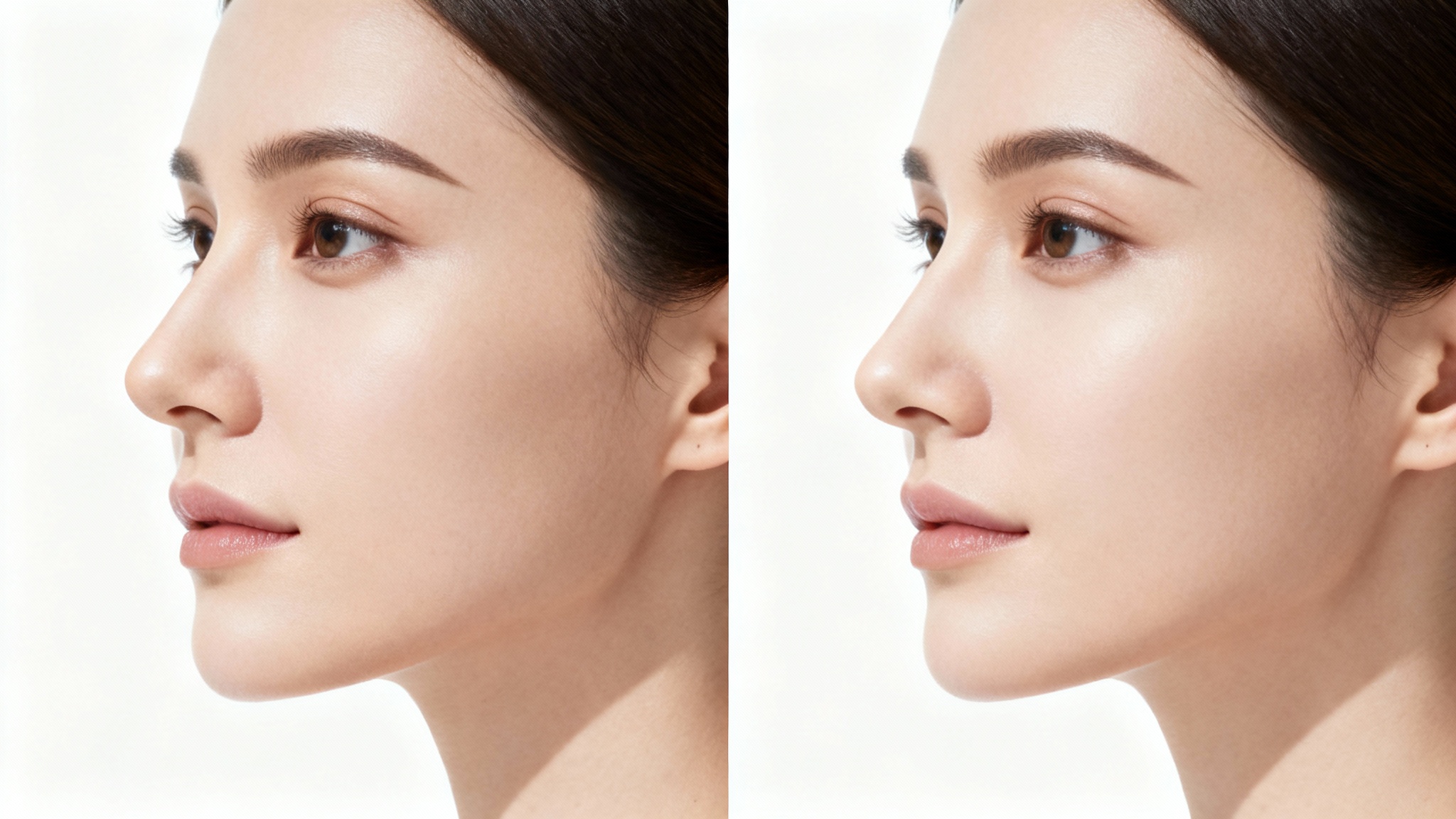 A split-view portrait of a woman's face, showing a before-and-after simulation of a nose job. The left side shows her original nose, and the right side shows a subtly refined nose.
