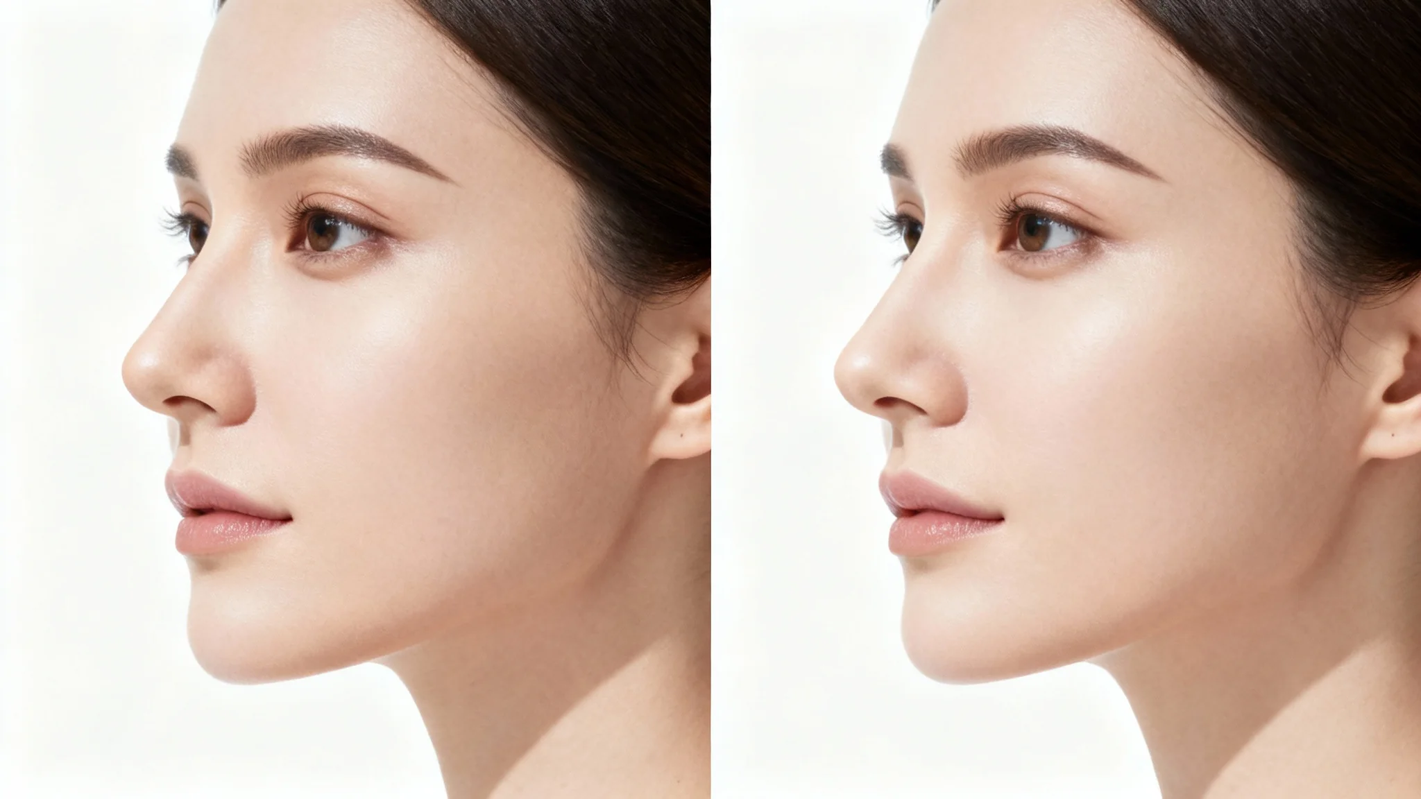 A split-view portrait of a woman's face, showing a before-and-after simulation of a nose job. The left side shows her original nose, and the right side shows a subtly refined nose.