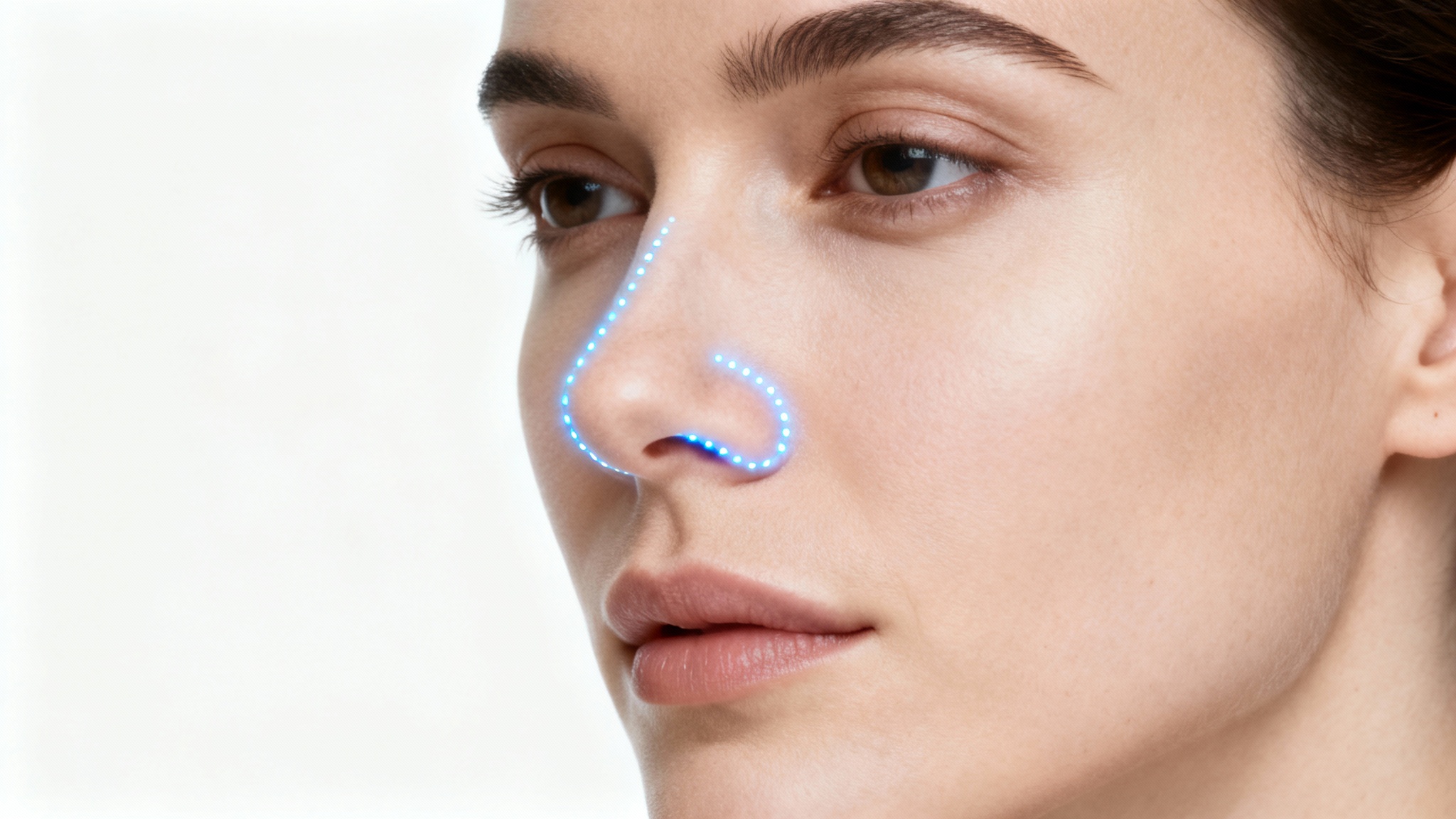 A photorealistic close-up of a person's facial profile, with a glowing blue dotted line over the nose to simulate the results of a rhinoplasty.