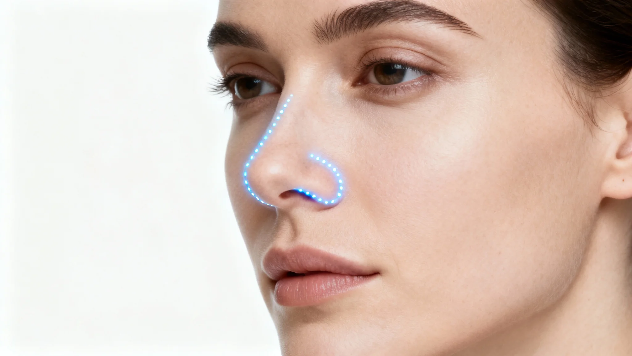 A photorealistic close-up of a person's facial profile, with a glowing blue dotted line over the nose to simulate the results of a rhinoplasty.