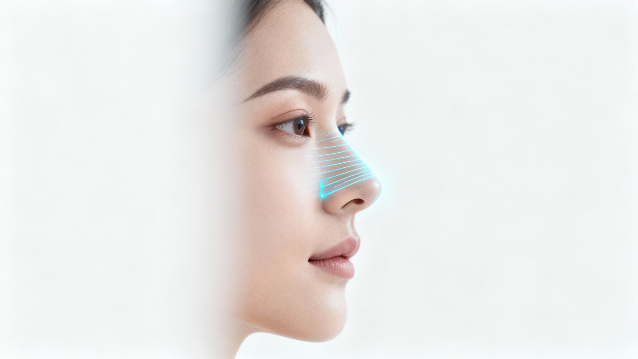 A close-up of a woman's profile with glowing blue digital lines on her nose, representing a virtual nose job simulation on a clean white background.