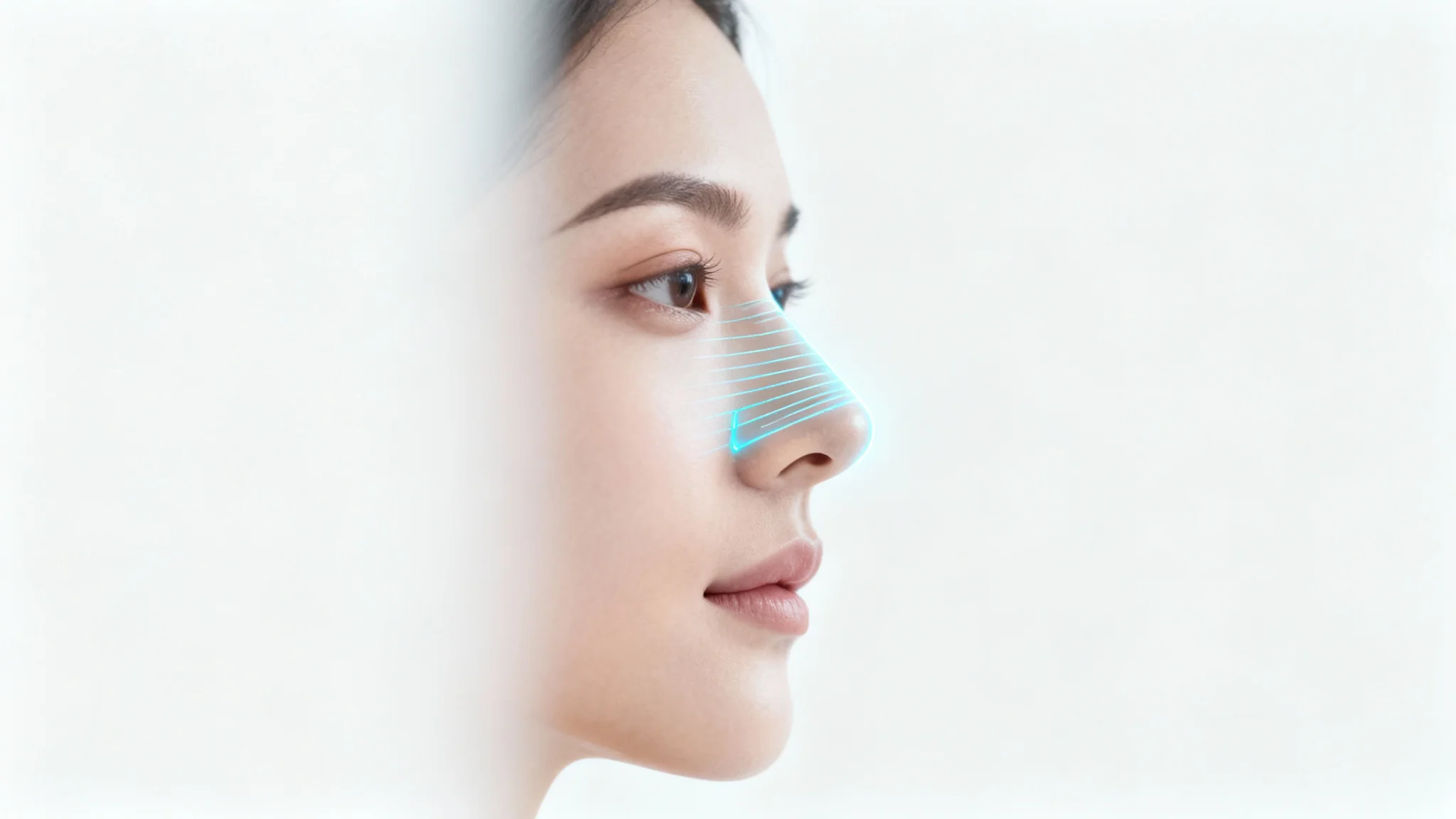 A close-up of a woman's profile with glowing blue digital lines on her nose, representing a virtual nose job simulation on a clean white background.