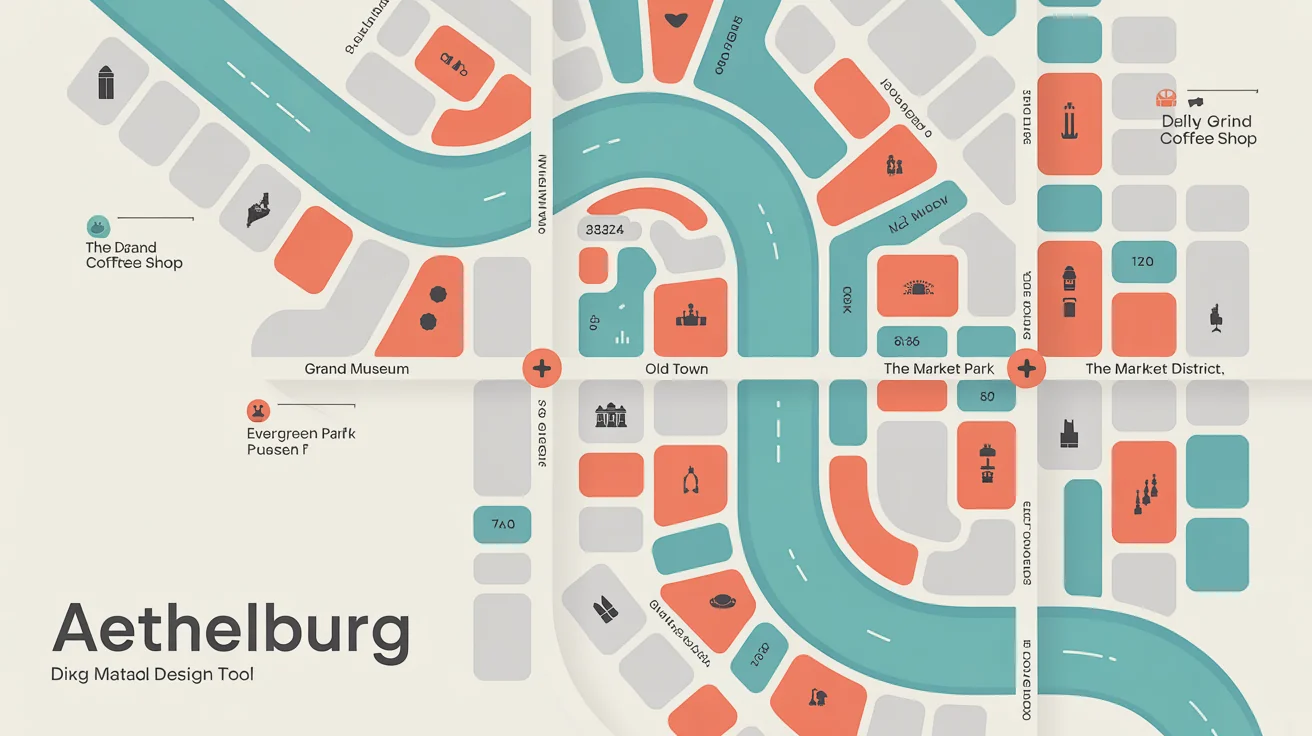 A beautifully designed digital map of a fictional city, showcasing a vibrant color scheme of teal and orange on a light background. The map includes a river, different districts, and icons for landmarks.