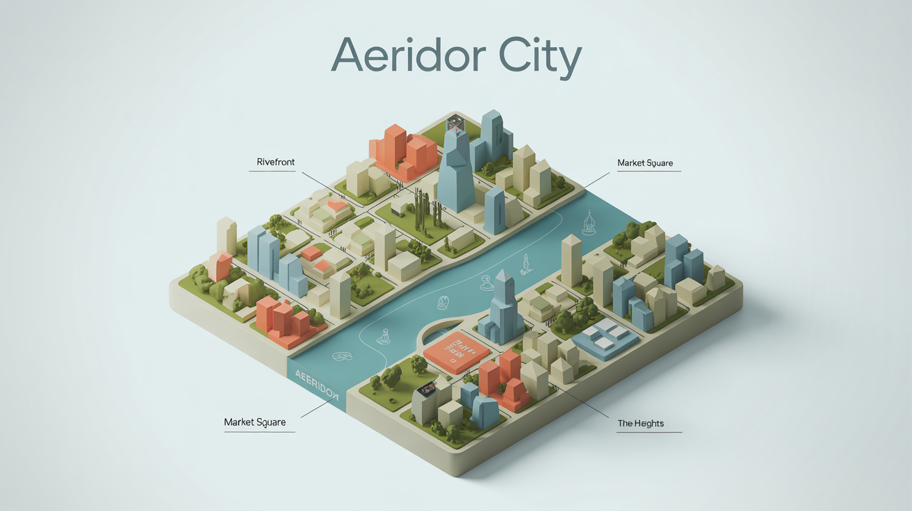 A stylized, modern map of a fictional city named Aeridor City, displayed on a white background. The map uses a clean color palette of blue, green, and beige with coral accents.