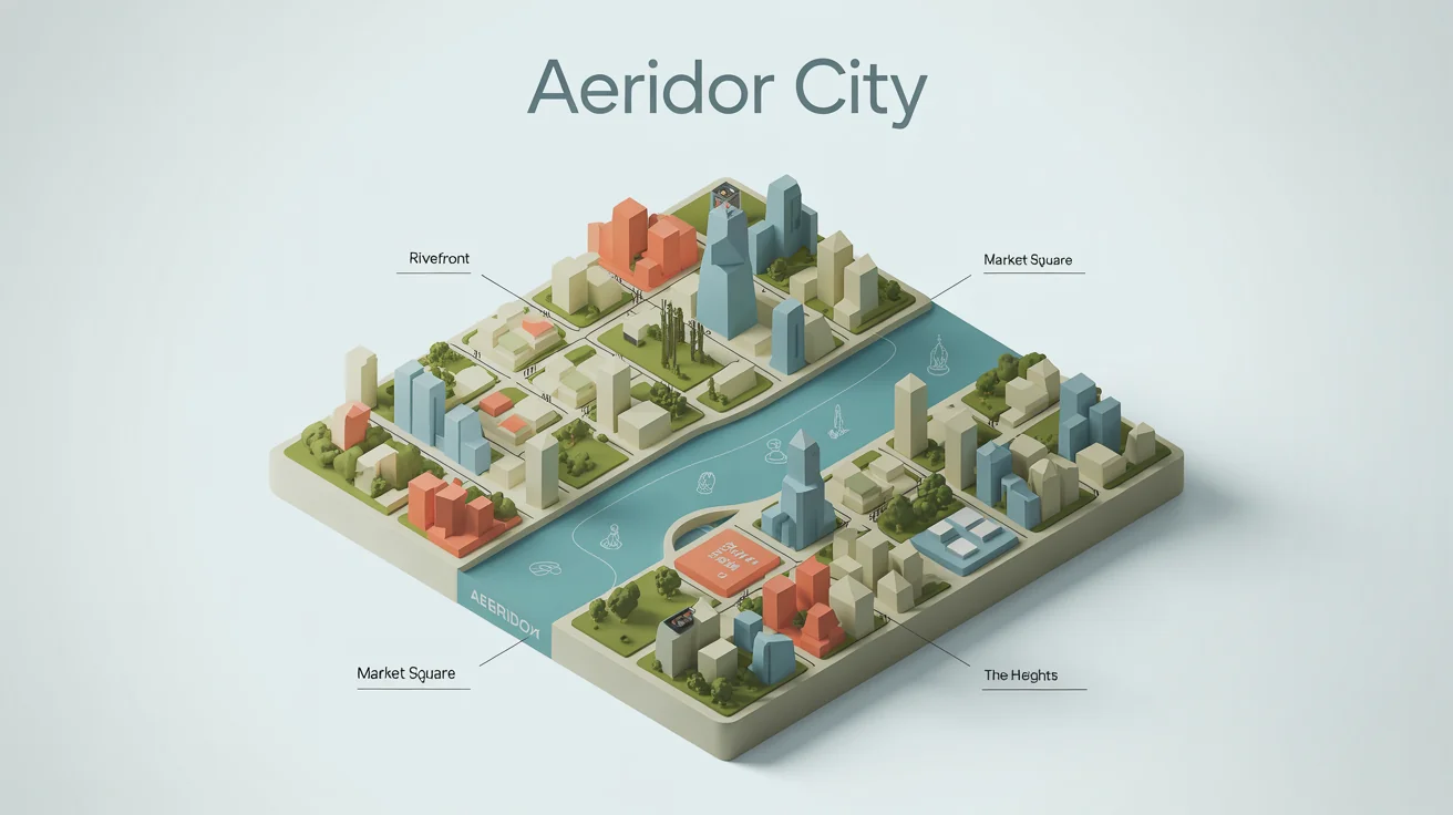 A stylized, modern map of a fictional city named Aeridor City, displayed on a white background. The map uses a clean color palette of blue, green, and beige with coral accents.