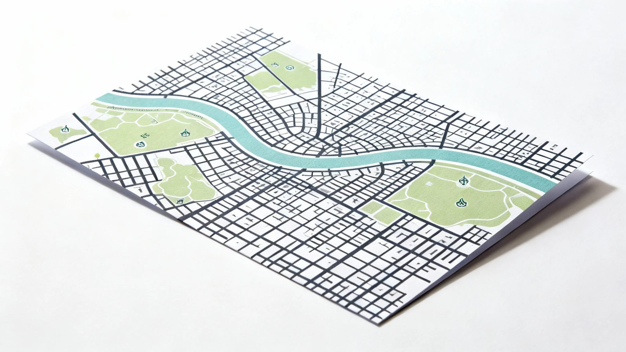 A top-down view of a modern, stylized city map on a white background. The map features gray streets, green parks, and a blue river in a minimalist design.
