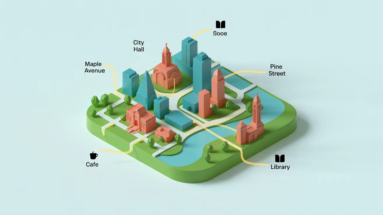 A stylized isometric map of a city, showing roads, a river, parks, and points of interest marked with icons on a clean white background.