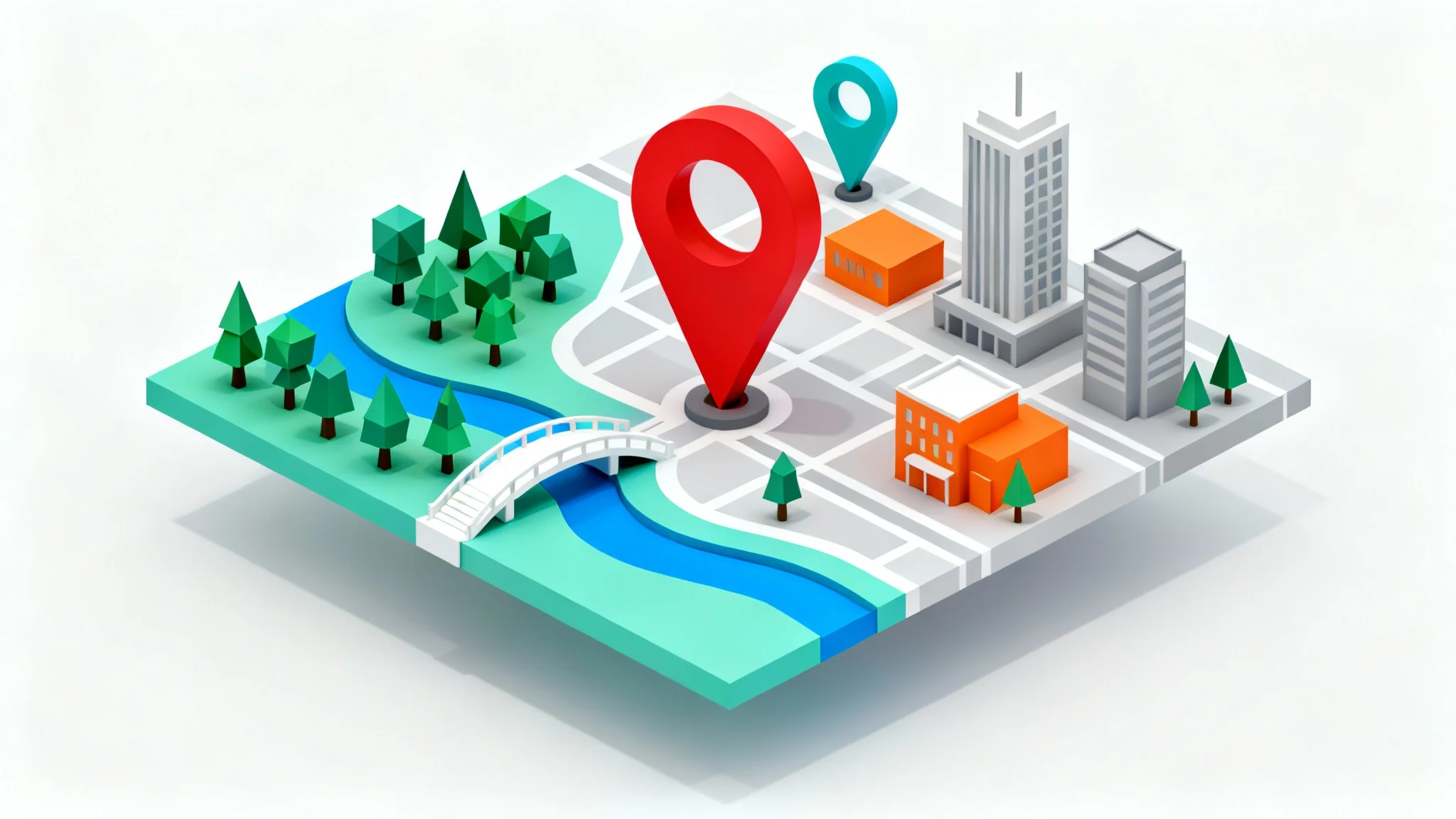 A stylized 3D isometric map of a city district on a white background, featuring colorful buildings, a river, and several bright location pins.