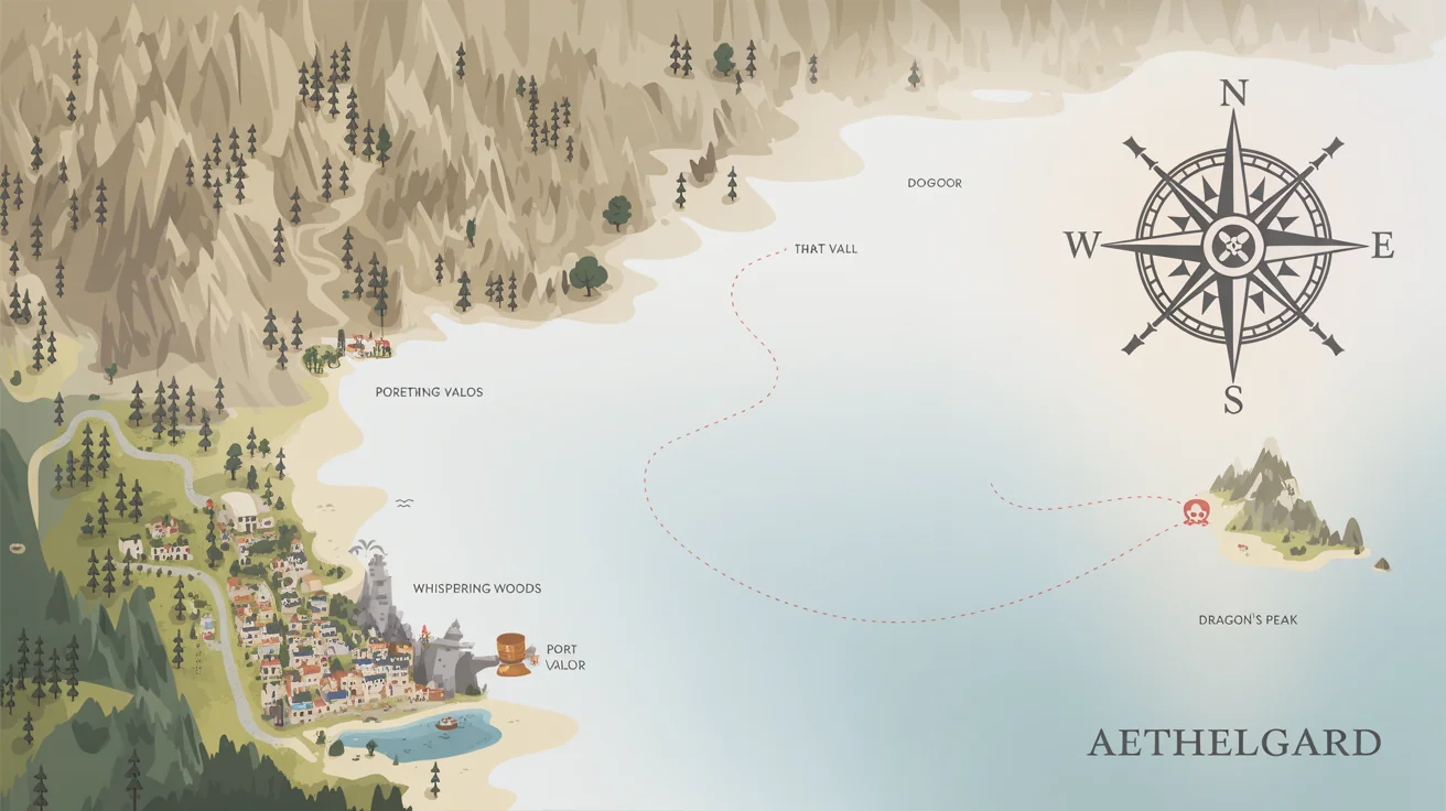 A stylized fantasy map on a white background, showing mountains, forests, and a coastline with fictional place names like 'Dragon's Peak' and 'Port Valor'. A red dotted line marks a path to a treasure.