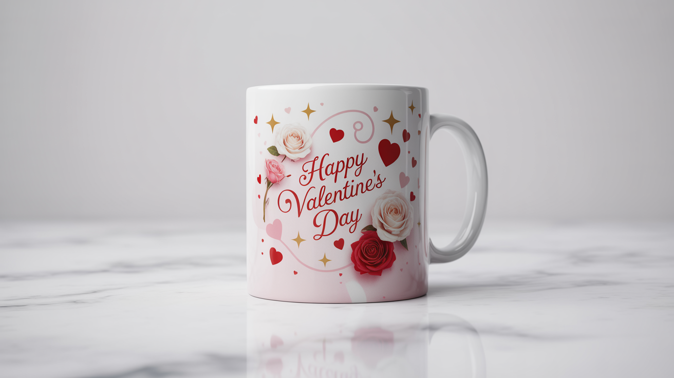 A photorealistic image of a white coffee mug with a romantic Valentine's Day design featuring roses, hearts, and the text 'Happy Valentine's Day', presented as a final product.