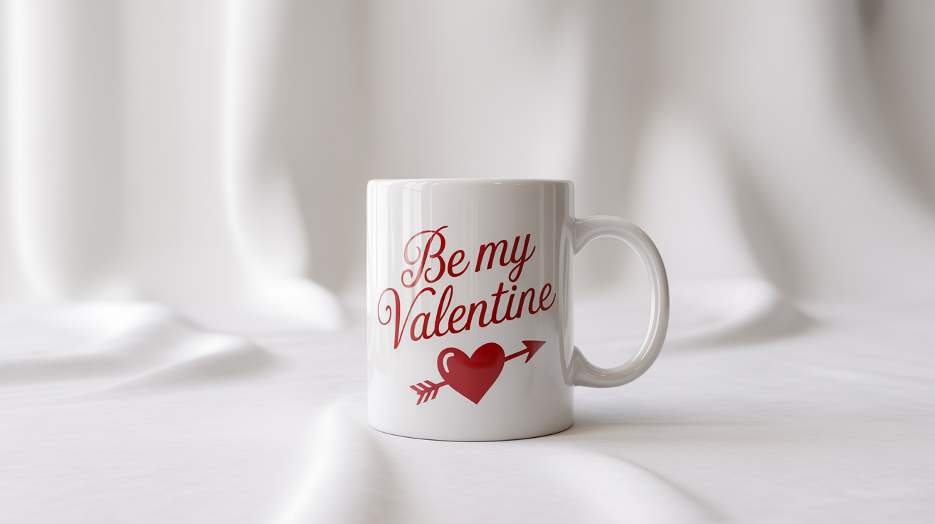 A professional product mockup of a white ceramic mug with a Valentine's Day design that reads 'Be My Valentine' in red script with a heart and arrow.