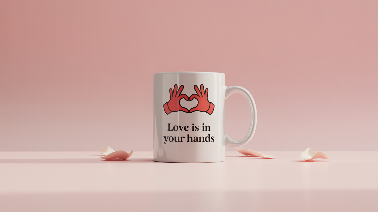 A product mockup of a white ceramic mug with a Valentine's Day design featuring two cartoon hands making a heart shape and the text 'Love Is In Your Hands', set against a solid pink background.