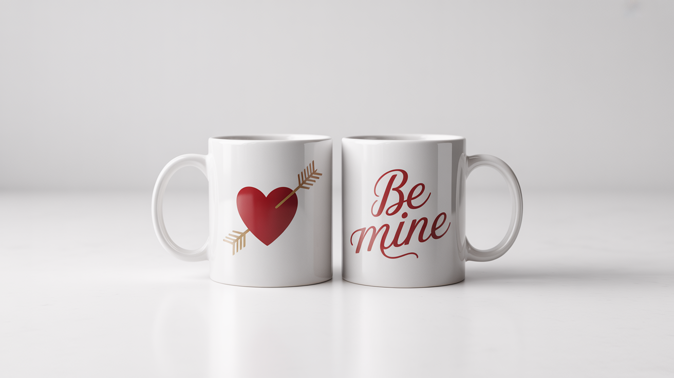 A photorealistic mockup of two white ceramic mugs for Valentine's Day. One mug features a heart with an arrow, and the other says 'Be Mine'. Both are on a clean white background.