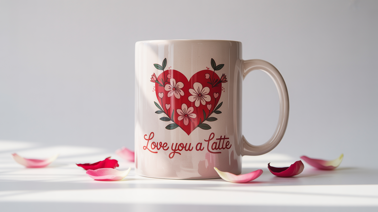 A photorealistic mockup of a white ceramic mug with a Valentine's Day design featuring a decorative red heart and the words 'Love You a Latte', set against a plain white background.