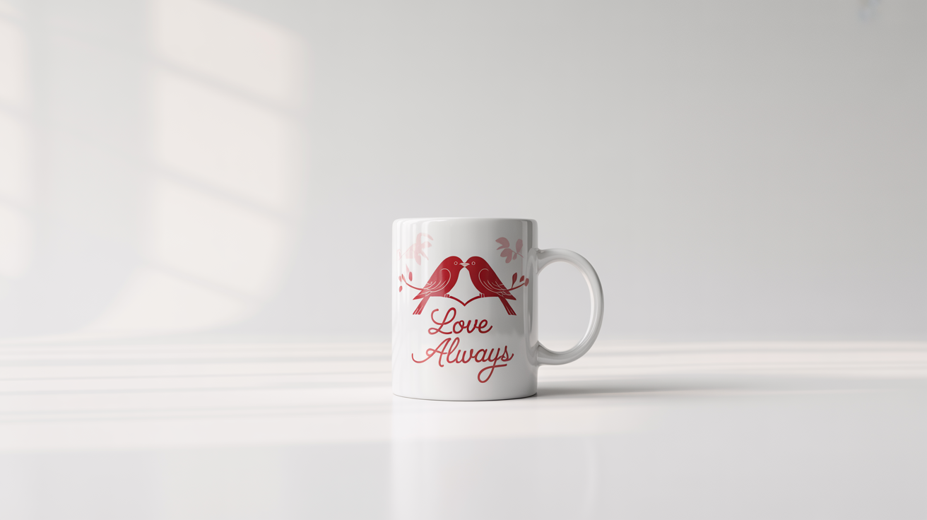 A white ceramic mug with a Valentine's Day design featuring two red lovebirds forming a heart and the text 'Love Always'.