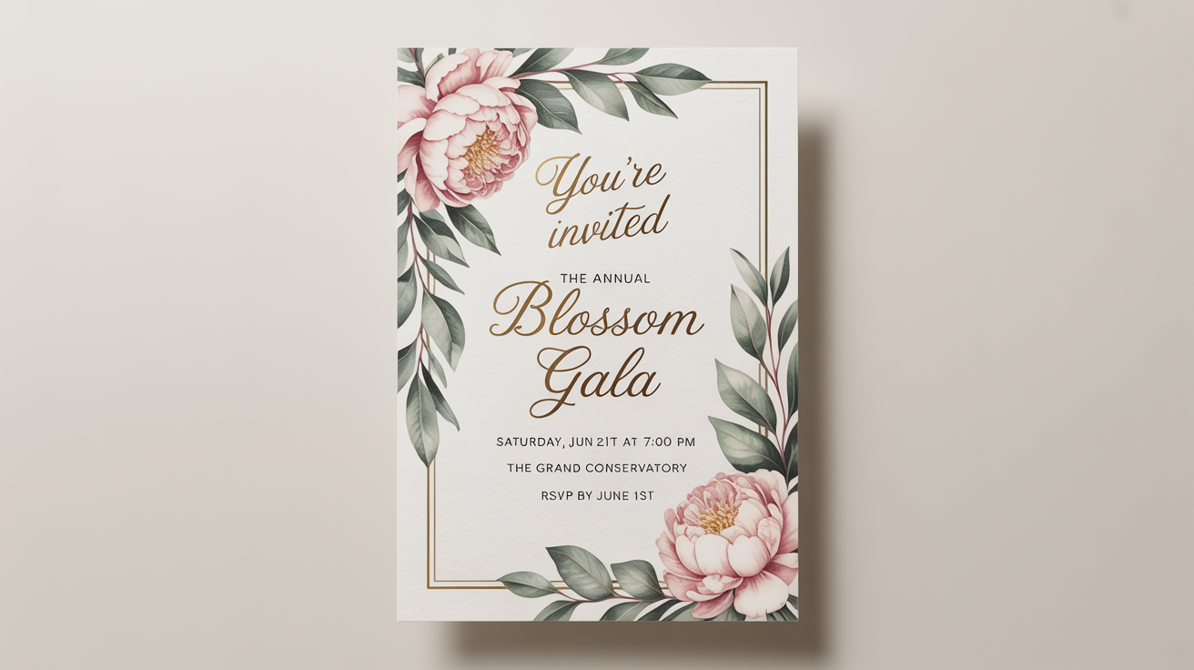 A photorealistic mockup of a beautiful invitation card for the 'Annual Blossom Gala', featuring watercolor flowers and gold foil text, set against a plain white background.