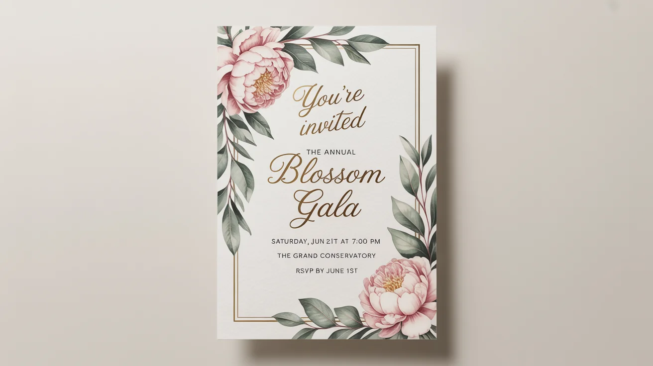 A photorealistic mockup of a beautiful invitation card for the 'Annual Blossom Gala', featuring watercolor flowers and gold foil text, set against a plain white background.