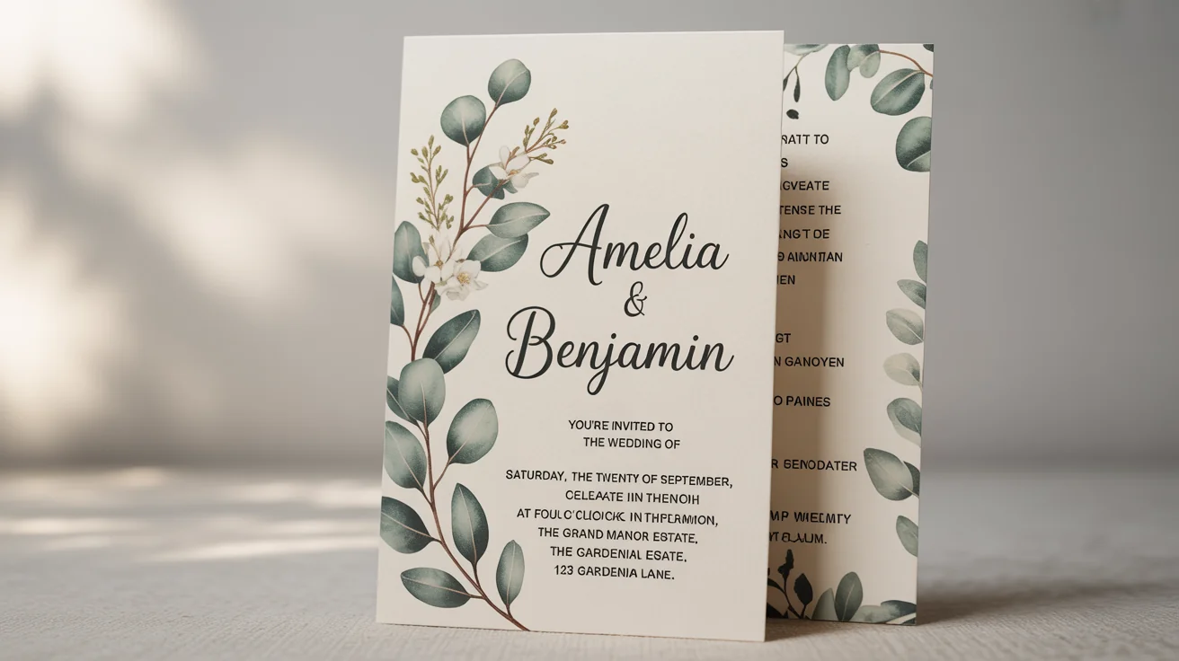 An elegant wedding invitation mockup on a light gray background, featuring watercolor eucalyptus designs and classic typography for the wedding of Amelia and Benjamin.