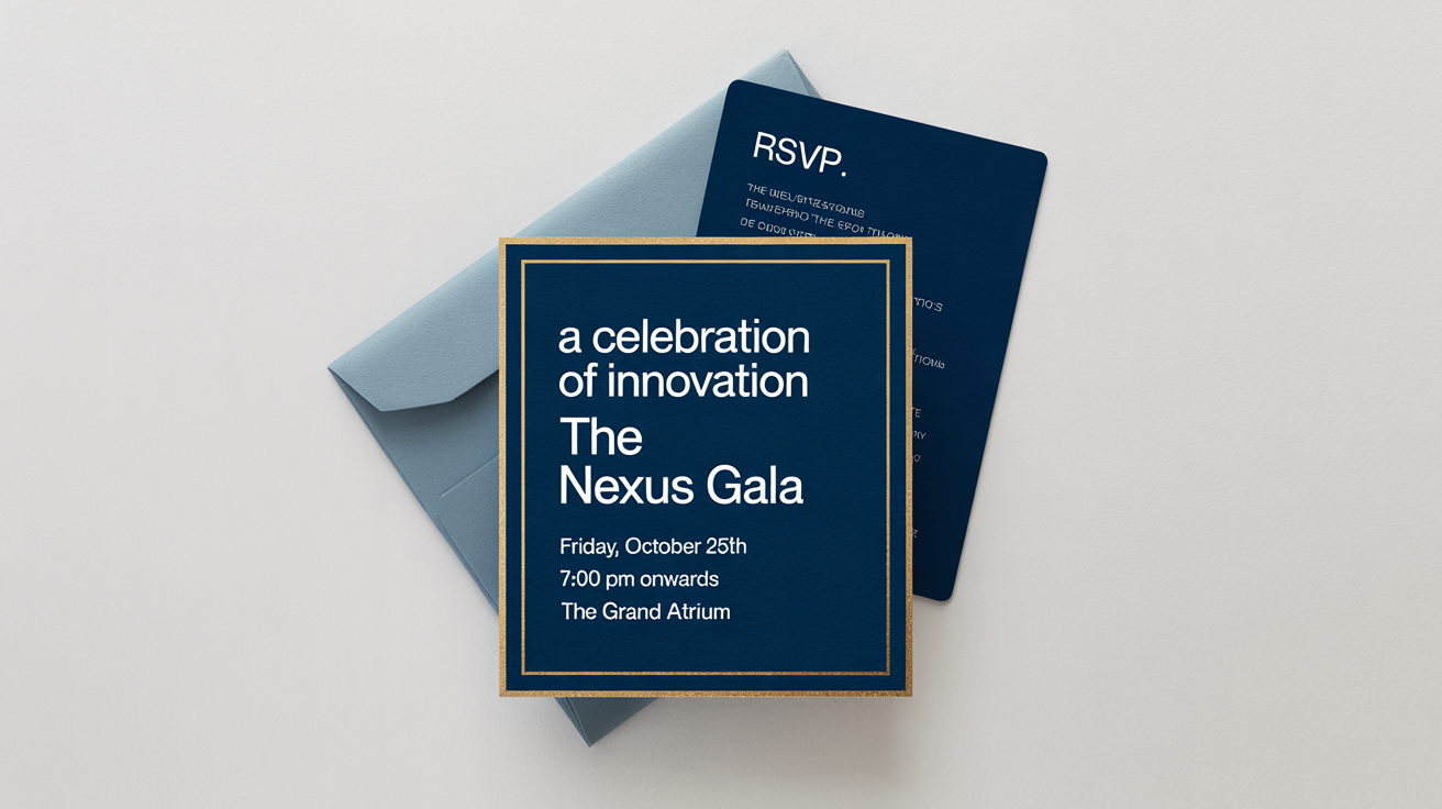 A modern and elegant mockup of a navy blue and gold foil invitation for the 'Nexus Gala' event, displayed in a flat lay composition on a clean white background.