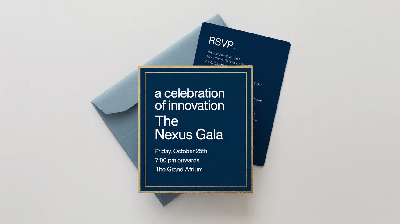 A modern and elegant mockup of a navy blue and gold foil invitation for the 'Nexus Gala' event, displayed in a flat lay composition on a clean white background.