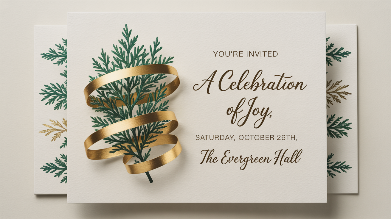 An elegant invitation card mockup for a celebration, featuring gold foil text and green watercolor details, set against a plain white background.