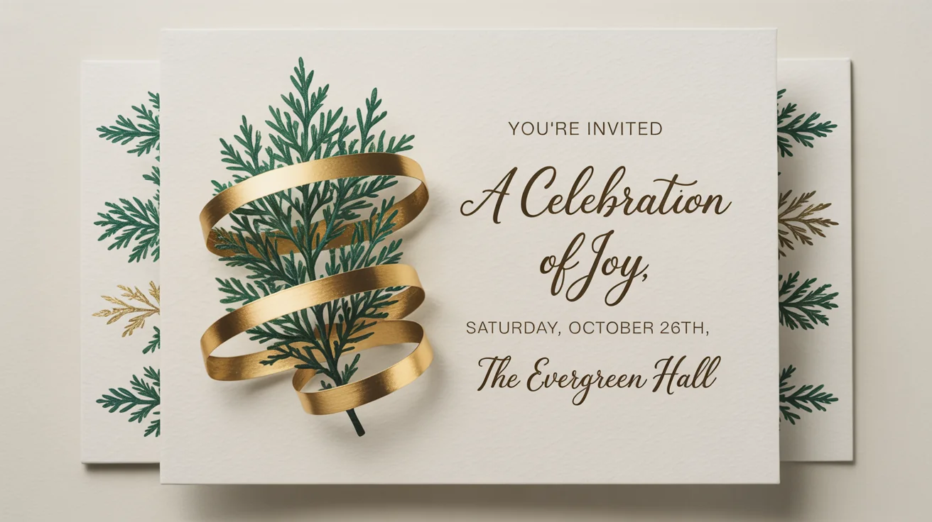 An elegant invitation card mockup for a celebration, featuring gold foil text and green watercolor details, set against a plain white background.
