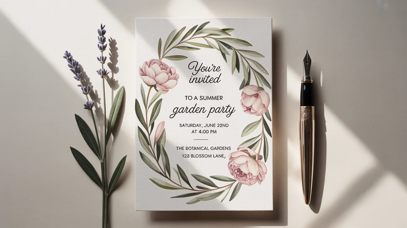 An elegant invitation card for a 'Summer Garden Party' lies on a white surface, adorned with watercolor florals and accompanied by a lavender sprig and a silver pen.