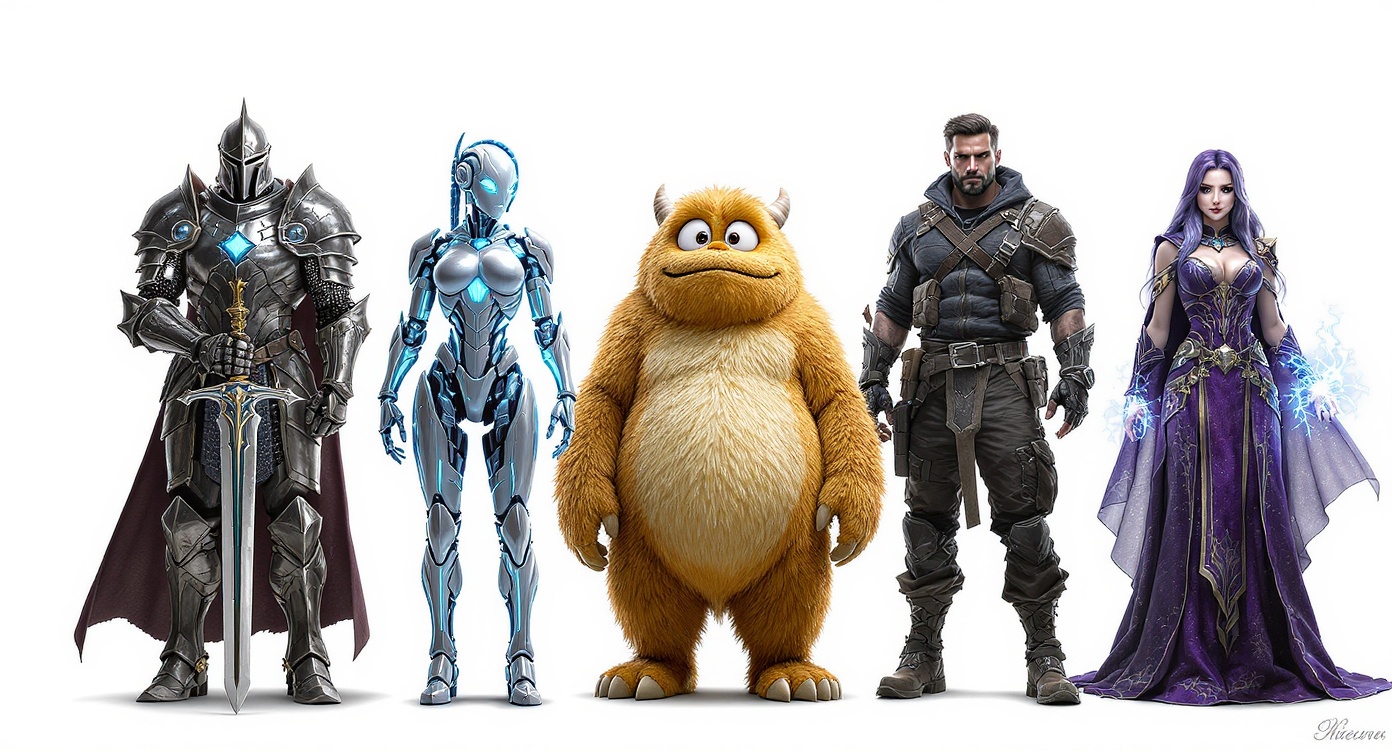 A lineup of five diverse, highly detailed characters from different genres against a white background, showcasing custom character generation.