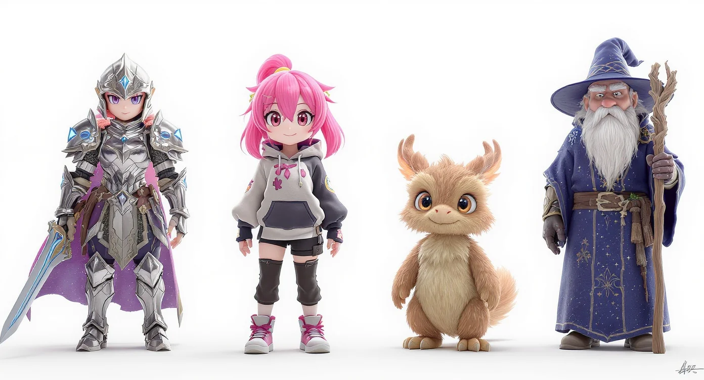A lineup of four diverse, custom-generated characters against a white background: a female knight in armor, a stylized anime boy, an adorable baby griffin, and a wise old wizard.