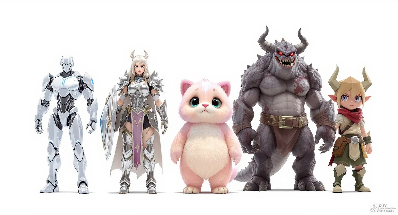 A lineup of five distinct video game and story characters in different art styles, showcased against a plain white background, representing character generation.