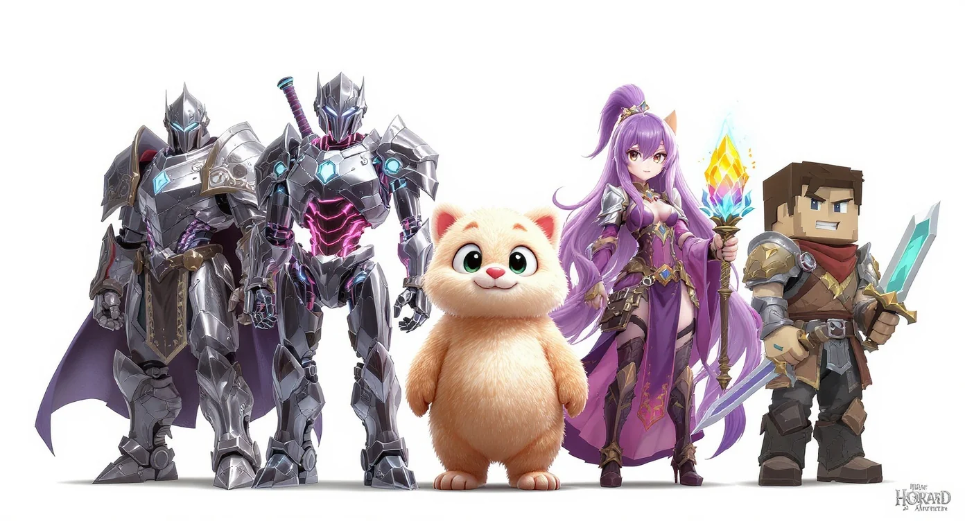 A lineup of five distinct, custom-designed characters in various art styles, including a fantasy knight, a sci-fi cyborg, a cartoon monster, an anime sorceress, and a low-poly adventurer, showcased against a clean white background.