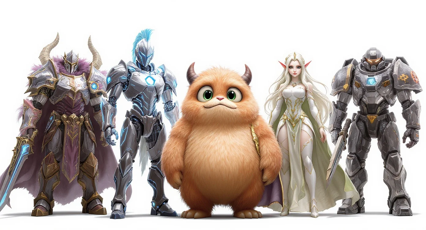 A lineup of five distinct, custom-designed characters against a white background, showcasing a range of styles from a fantasy knight to a cartoon monster.