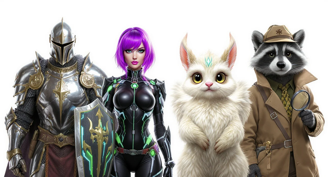 A lineup of four diverse, custom-designed characters against a white background, showcasing a variety of styles: a fantasy knight, a cyberpunk woman, a small mythical creature, and a cartoon raccoon detective.