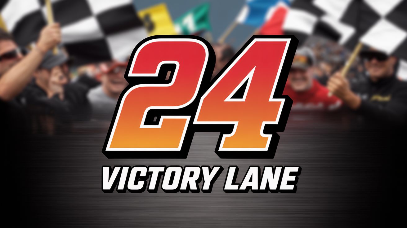 A finished graphic design of the number 24 in a dynamic, red and orange NASCAR-style font, with the text 'VICTORY LANE' underneath, all set on a dark brushed metal background.
