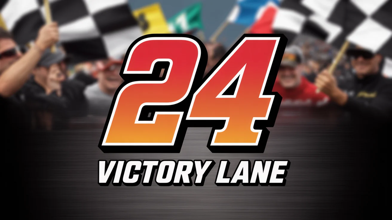 A finished graphic design of the number 24 in a dynamic, red and orange NASCAR-style font, with the text 'VICTORY LANE' underneath, all set on a dark brushed metal background.