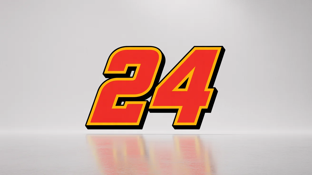 A mockup of the number '24' in a bold, red, yellow, and black NASCAR-style racing font, slanted to imply speed and displayed on a white background.