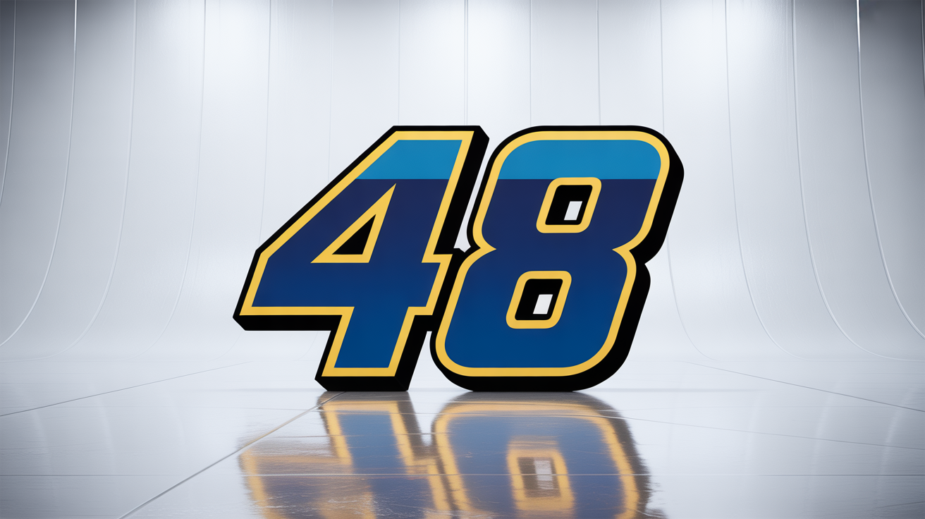 The number '48' in a bold, dynamic NASCAR-style font, colored electric blue with yellow and black outlines, shown on a white metallic surface against a plain white background.