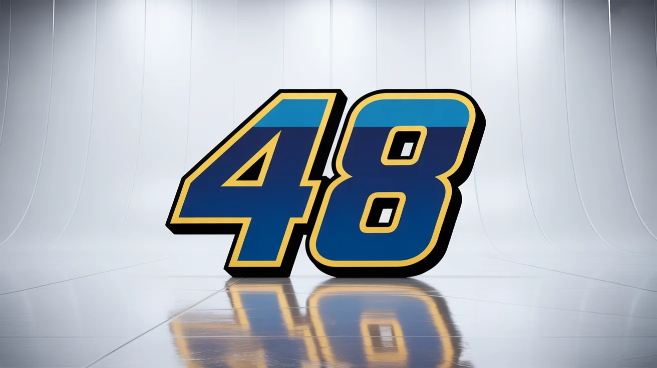 The number '48' in a bold, dynamic NASCAR-style font, colored electric blue with yellow and black outlines, shown on a white metallic surface against a plain white background.