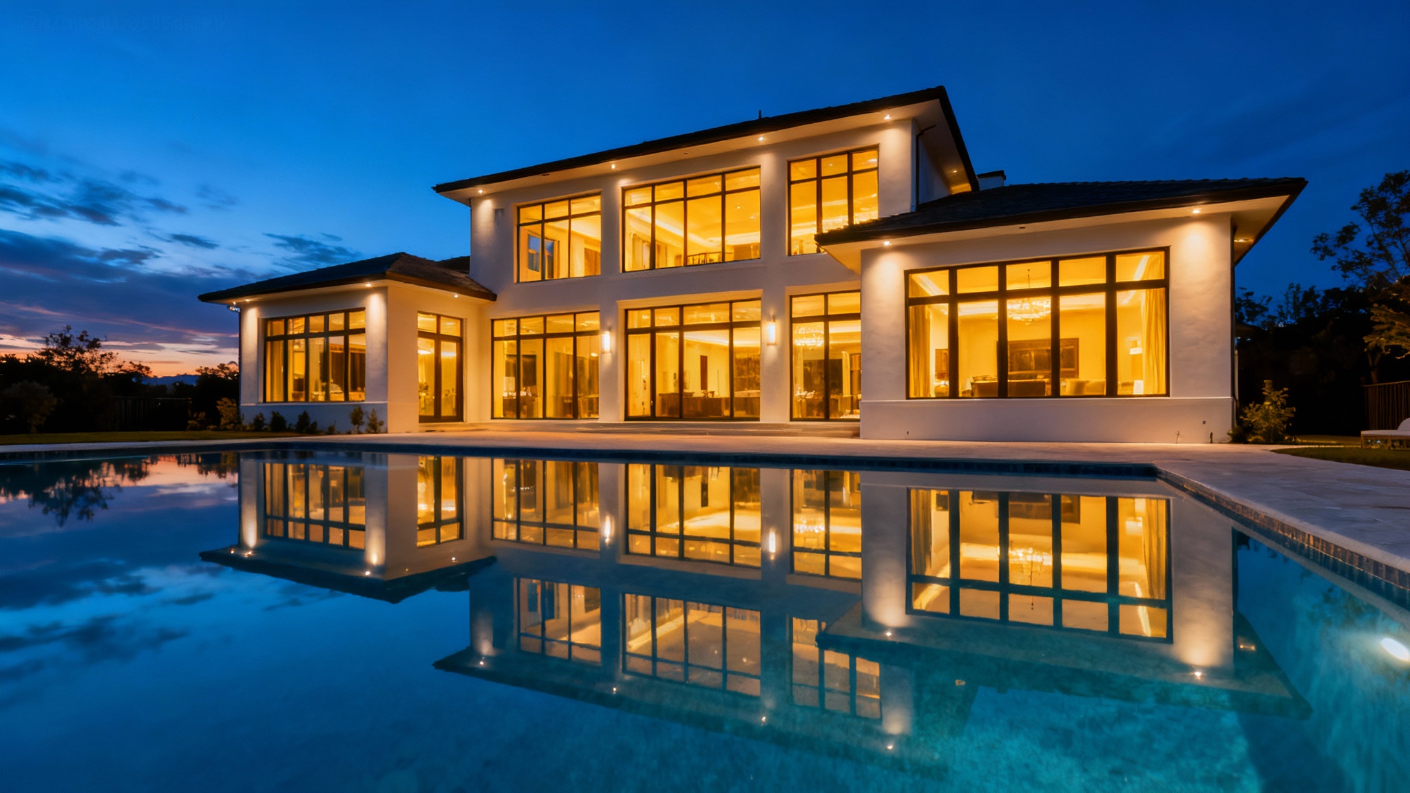 An eye-catching twilight photo of a modern luxury home, with warm interior lights contrasting against a deep blue evening sky, and a pool reflecting the scene.
