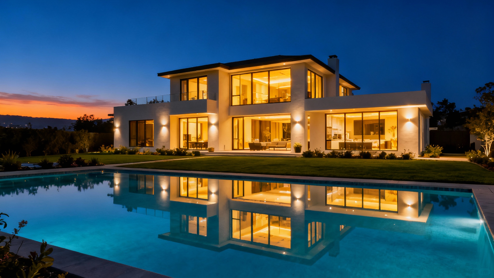A beautiful modern house at twilight, with warm lights glowing from the windows and a swimming pool reflecting the deep blue sky, illustrating professional real estate photography.