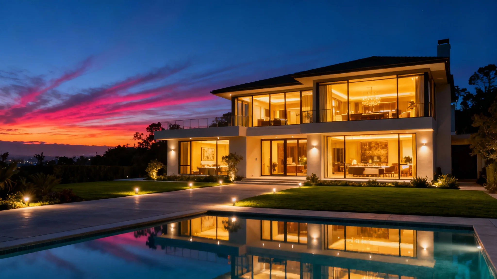 A photograph of a modern, luxurious two-story home taken at twilight. Warm lights glow from inside the house, contrasting with the deep blue and purple evening sky, all reflected in a serene swimming pool in the foreground.