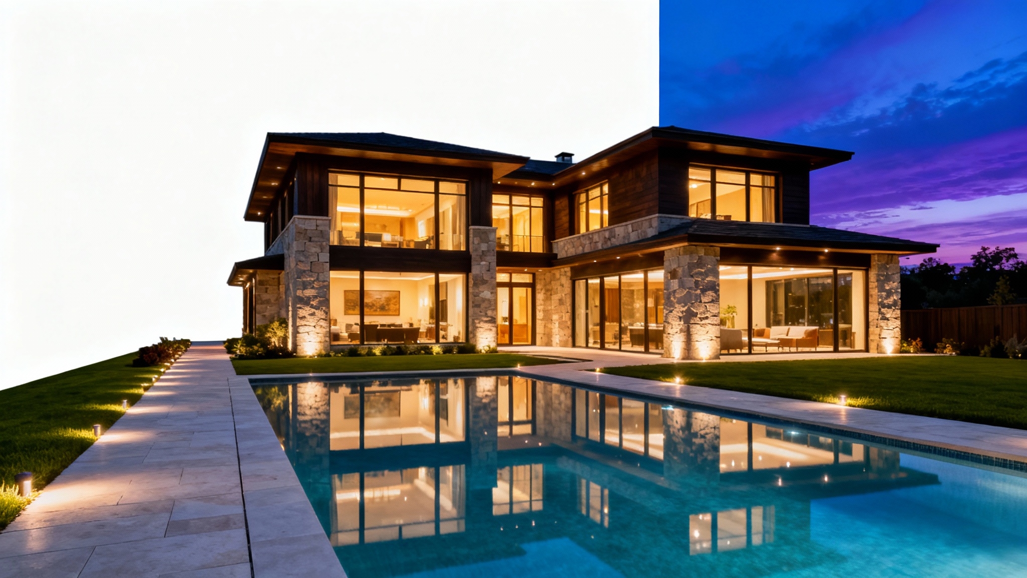 A stunning modern luxury house photographed at twilight, with its interior lights glowing warmly and reflecting in a serene swimming pool under a deep blue dusk sky.