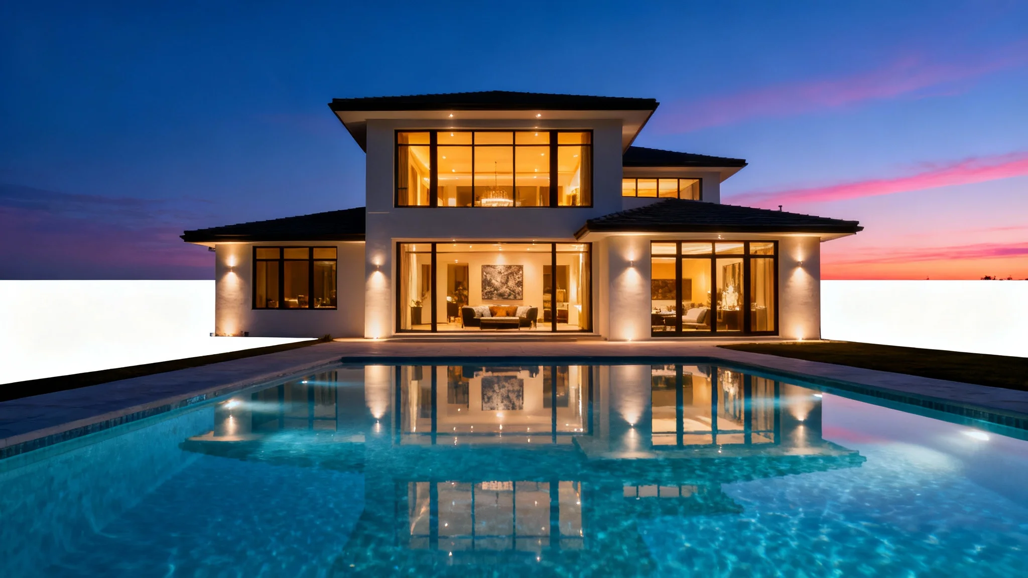 A luxurious modern home captured at twilight, with warm interior lights glowing against a deep blue sky and a pristine swimming pool reflecting the beautiful scene.