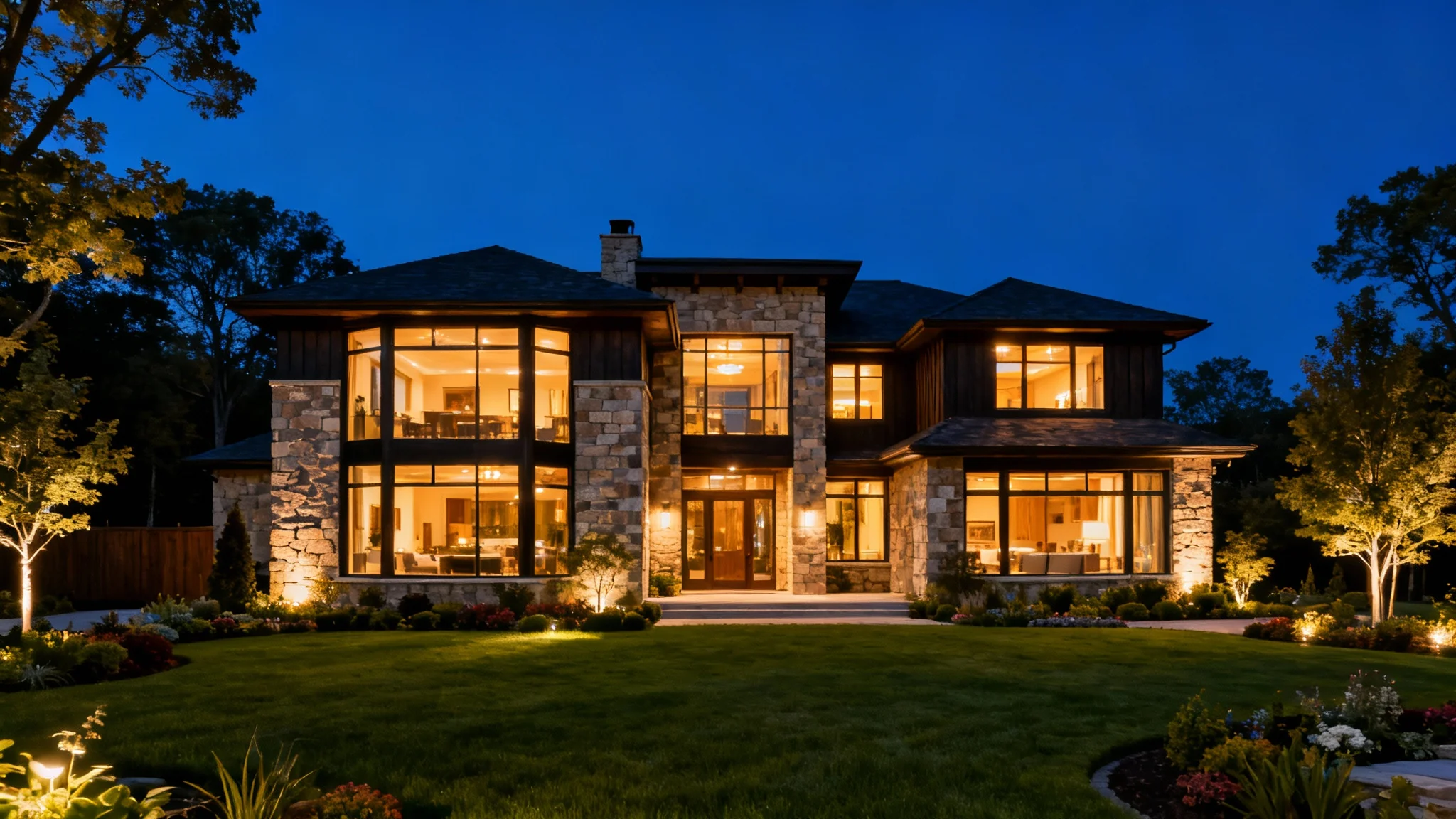 A professional twilight photograph of a modern luxury house. The home's interior is warmly lit, contrasting with the deep blue evening sky. The property is isolated on a white background.