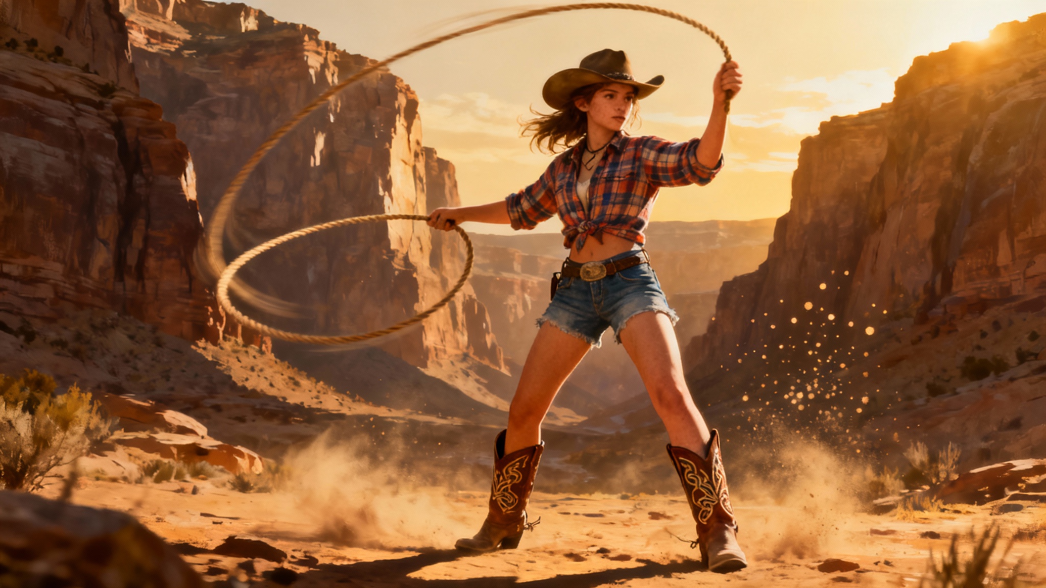 A hyper-realistic digital painting of a finished cowgirl character design. She is in a dynamic pose, spinning a lasso in a desert canyon at sunset, showcasing a professional, high-quality character concept.