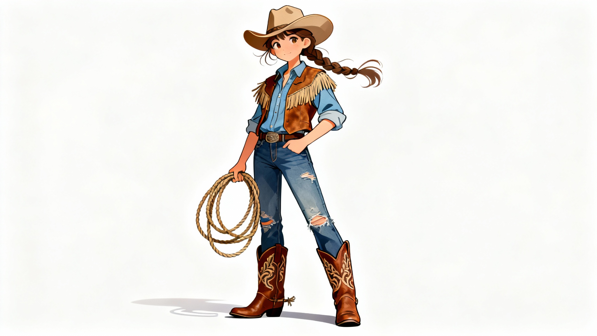 A full-body digital illustration of a cowgirl character design, featuring a woman in a cowboy hat and vest holding a lasso, presented against a plain white background.