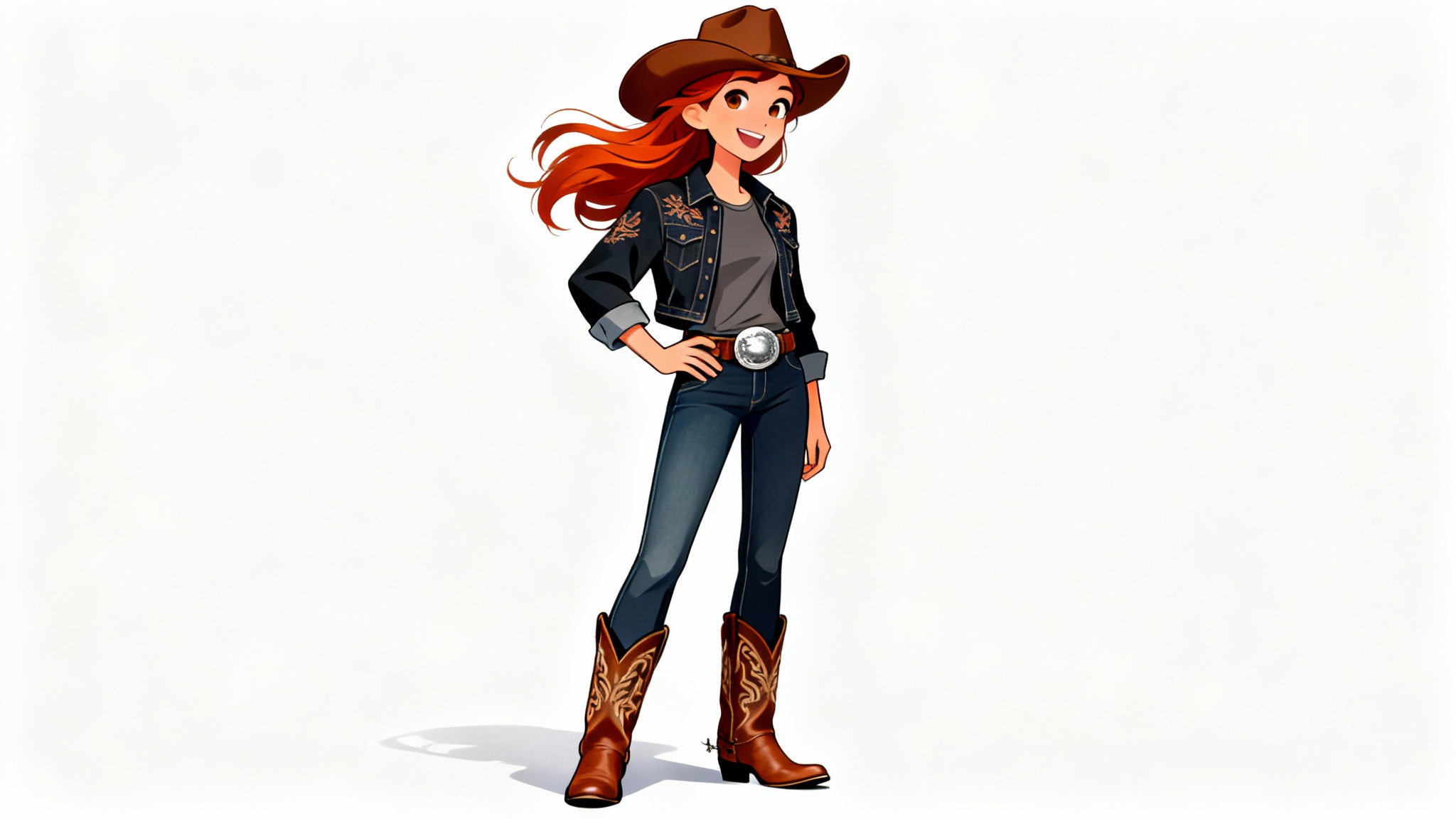 A full-body digital illustration of a cowgirl character design, featuring a young woman in modern western wear smiling confidently against a plain white background.